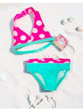 Polka Dot Halter Bikini Set Pink & Aqua Girls Swimwear UPF 50+ Protection